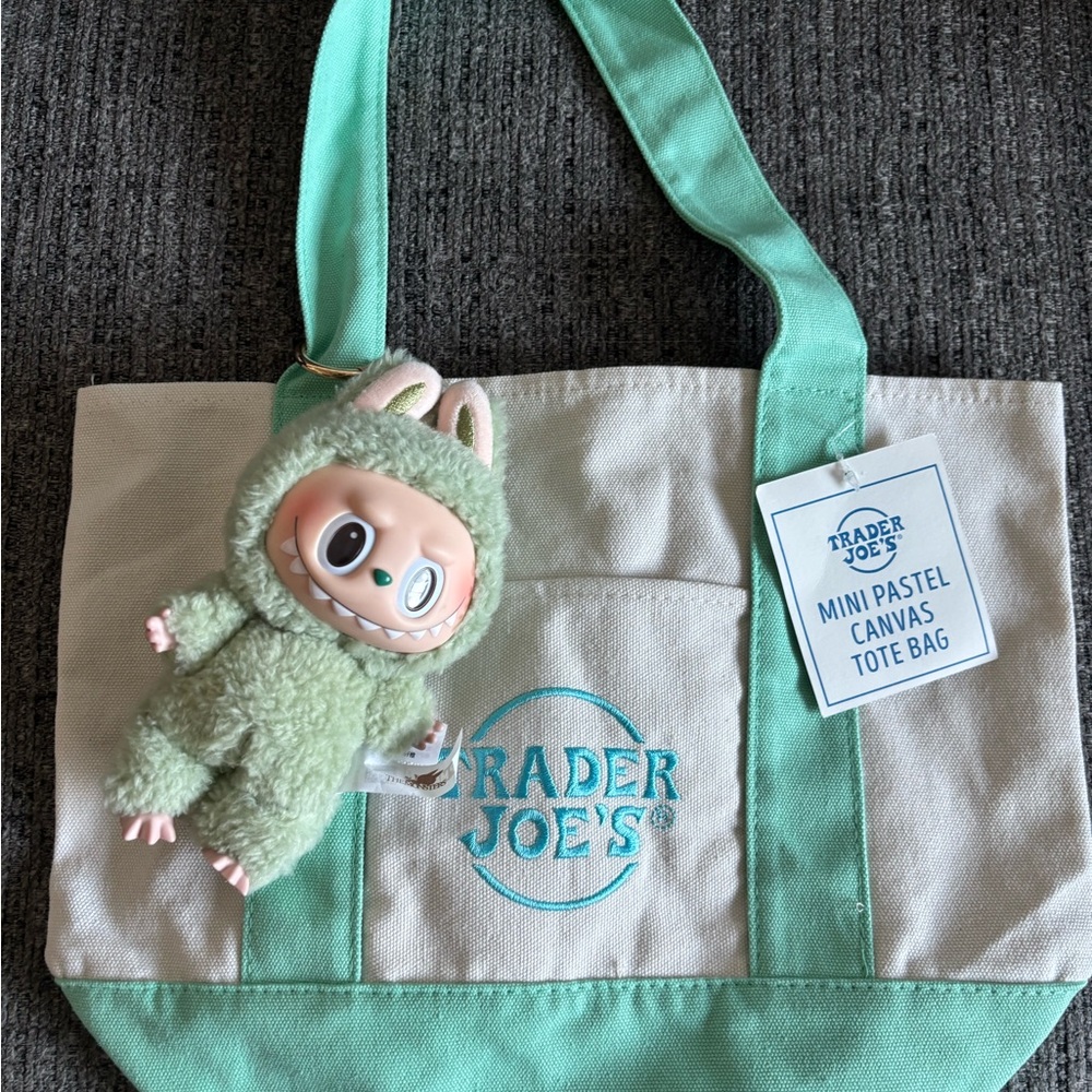 Trader Joe's Mint Green Canvas Tote Bag Labubu